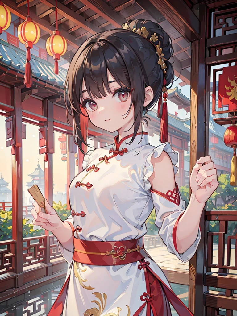 (best quality,4k,8k,highres,masterpiece:1.2),((chignon)),red cheongsam,traditional Chinese martial arts pose,cute girl,exquisite and detailed facial features,long eyelashes,beautiful detailed eyes,beautiful detailed lips,girl with a graceful smile,Chinese garden background,soft lighting,traditional Chinese architecture,subtle colors,beautifully painted illustrations,artistic interpretation, eye-catching accessories,hair ornaments that complement the hairstyle,delicate and elegant movements,flowing fabric of the cheongsam,Chinese fan,graceful posture,aesthetic appeal,harmonious composition, high contrast, clean lines, digital painting, vivid colors