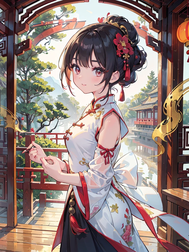 (best quality,4k,8k,highres,masterpiece:1.2),((chignon)),red cheongsam,traditional Chinese martial arts pose,cute girl,exquisite and detailed facial features,long eyelashes,beautiful detailed eyes,beautiful detailed lips,girl with a graceful smile,Chinese garden background,soft lighting,traditional Chinese architecture,subtle colors,beautifully painted illustrations,artistic interpretation, eye-catching accessories,hair ornaments that complement the hairstyle,delicate and elegant movements,flowing fabric of the cheongsam,Chinese fan,graceful posture,aesthetic appeal,harmonious composition, high contrast, clean lines, digital painting, vivid colors