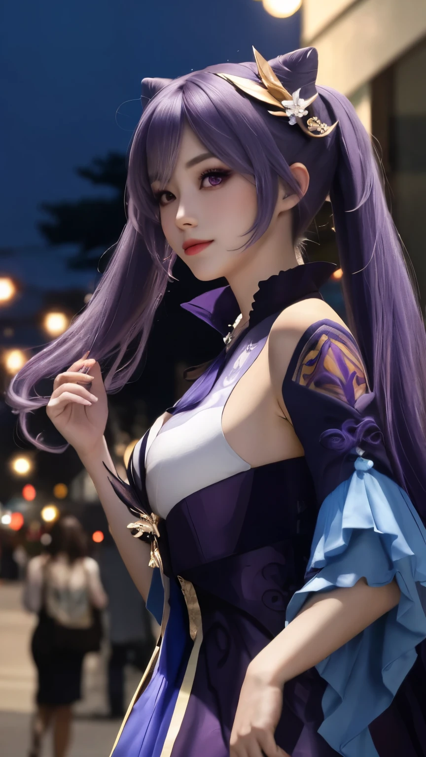 masterpiece, 1 beautiful girl, (purple eyes) , eye has swelled up, top quality, Ultra high resolution, (actual: 1.4), light, Japanese, Fashion Korean cosmetics, asian beauty, very beautiful, Beautiful skin, thin and long, body facing forward, (Ultra actual), (high resolution), (8k), ( Very detailed), ( Best Illustration), (Beautifully delicate eyes), (super detailed), (wallpaper), Detailed face, light bright, professional lighting, looking at the audience, facing forward, keqing cosplay, The background is a bit blurry, Long twintails and cup hairstyle, purple hair, red-light eyes, Good-looking, bright smile, Eye color is light purple ,Upper body, (Keqing suit cosplay), shot from front, breast is ideal, His left hand is raised upwards, His left hand is raised upwards, showing her armpit