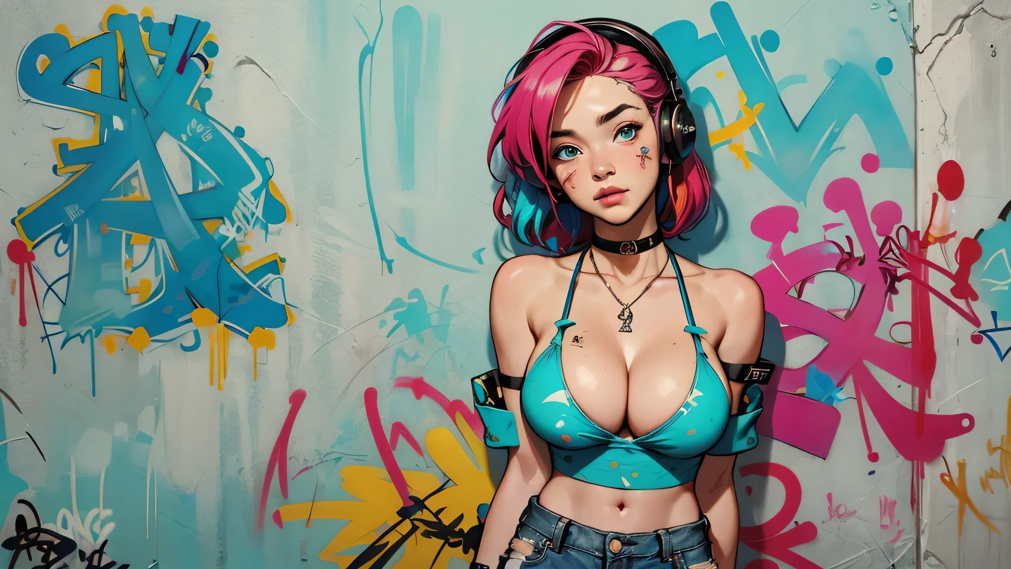 masterpiece, NSFW, best quality, 1girl, solo, crop top, ((cleavage:1.3)), denim shorts, choker, (graffiti:1.5), paint splatter, arms behind back, against wall, looking at viewer, armband, thigh strap, paint on body, head tilt, bored, multicolored hair, aqua eyes, headset, peepshow, nipslip