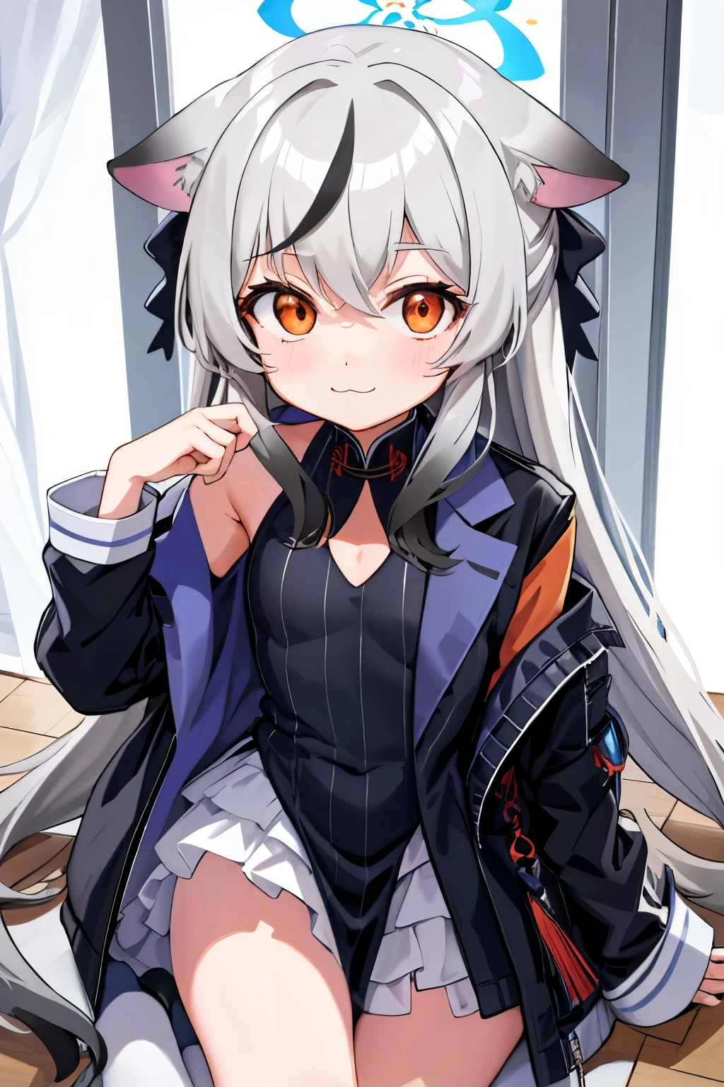tmasterpiece, best qualtiy, ultra - detailed, 1girll,Gray hair Kokona, inside in room, Orange eye, :3,the face, closeup cleavage, Winter suit, winter wonder