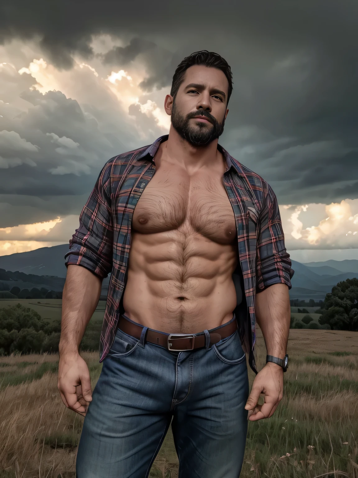 obra maestra, Mejor calidad, high resolution, Retrato de primer plano, (1 chico:1.4) A man in a lumberjack suit, muscular, (con camisa: 1.2) enfoque masculino, enfocarse solo, piel bronceada, 38-year-old man dressed as a lumberjack., muscular, fuerte, peludo, Masculino, (descamisado: 1.2), al fondo una granja, en una tormenta, amazing composition, Vista frontal, HDR, volumetric lighting, (plano general, desde el frente:1.2) (GS-Macho :1.5) (magnificent landscape:1.2)