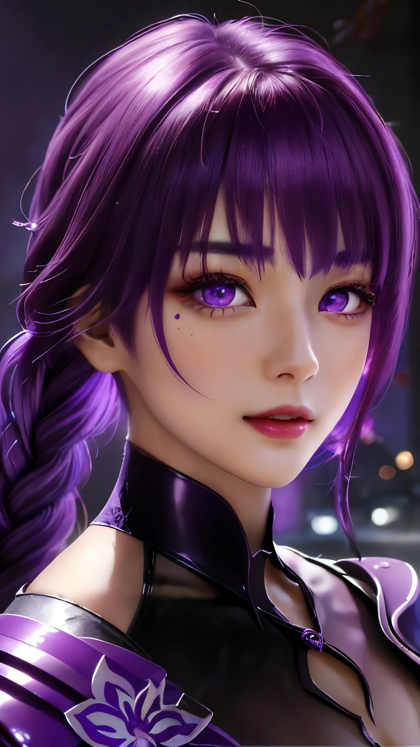 masterpiece, 1 beautiful girl, (purple-light eyes) , eye has swelled up, top quality, Ultra high resolution, (actual: 1.4), light, Japanese, Fashion Korean cosmetics, asian beauty, very beautiful, Beautiful skin, thin and long, body facing forward, (Ultra actual), (high resolution), (8k), ( Very detailed), ( Best Illustration), (Beautifully delicate eyes), (super detailed), (wallpaper), Detailed face, light bright, professional lighting, looking at the audience, facing forward,  Raiden cosplay, The background is a bit blurry, Long one braid hairstyle， dark purple hair, red-light eyes, Good-looking, bright smile, Eye color is light purple ，Upper body, (raiden shogun cosplay), 