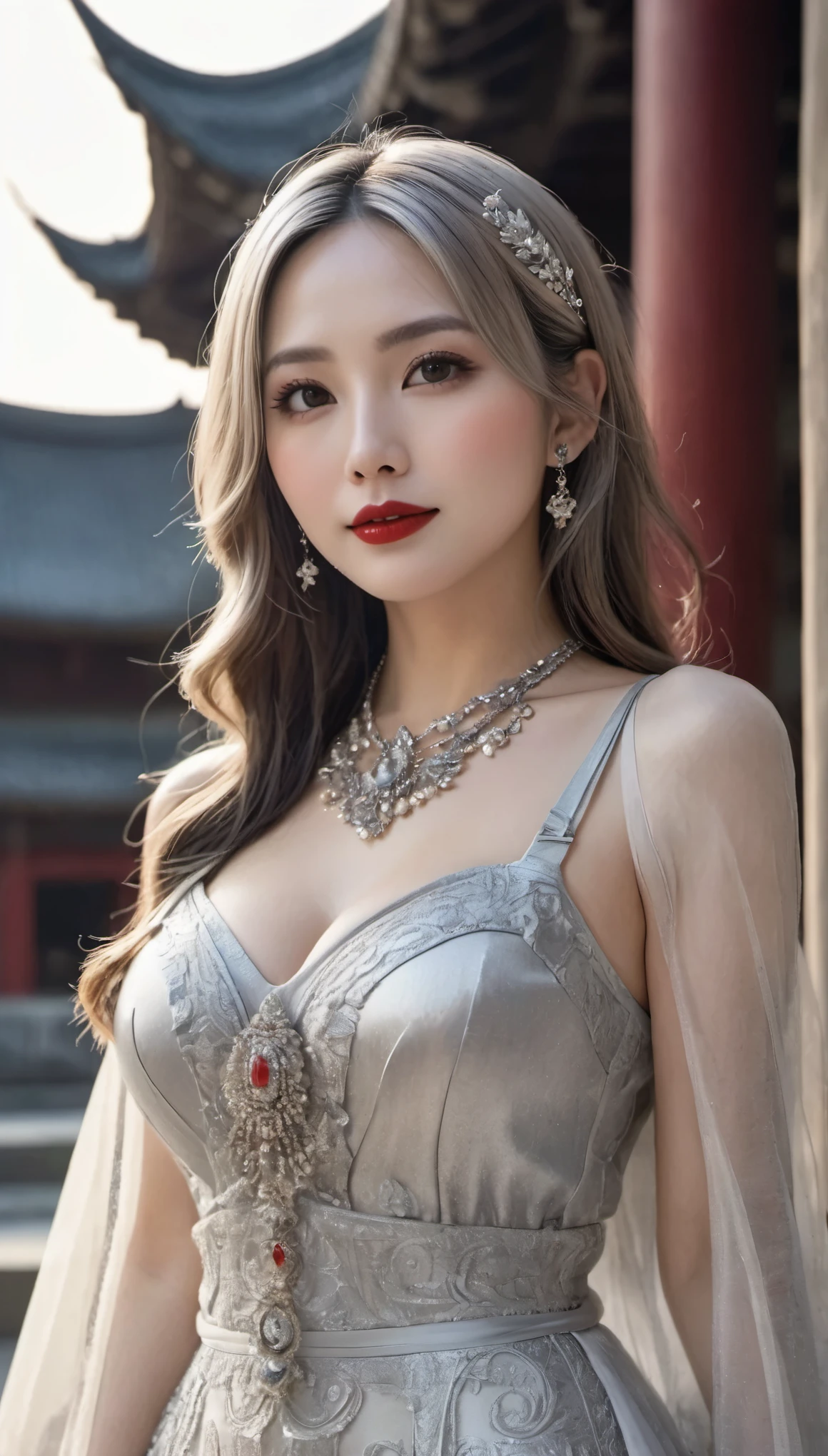 (((surreal woman)))、((very beautiful 30 year old white woman))、(((big big tits)))、(((Big big cleavage)))、のWitch girl、blonde mature、plump body shape、smile、middle-aged beauty 、Very delicate and delicate skin texture、Witch girl、{(ancient ornate and luxurious temple)、(many torches are burning)}、red lips、fine scarlet eyes、(((Luxury and gorgeous silver outfit and luxurious accessories)))、I have a shining platinum wand、