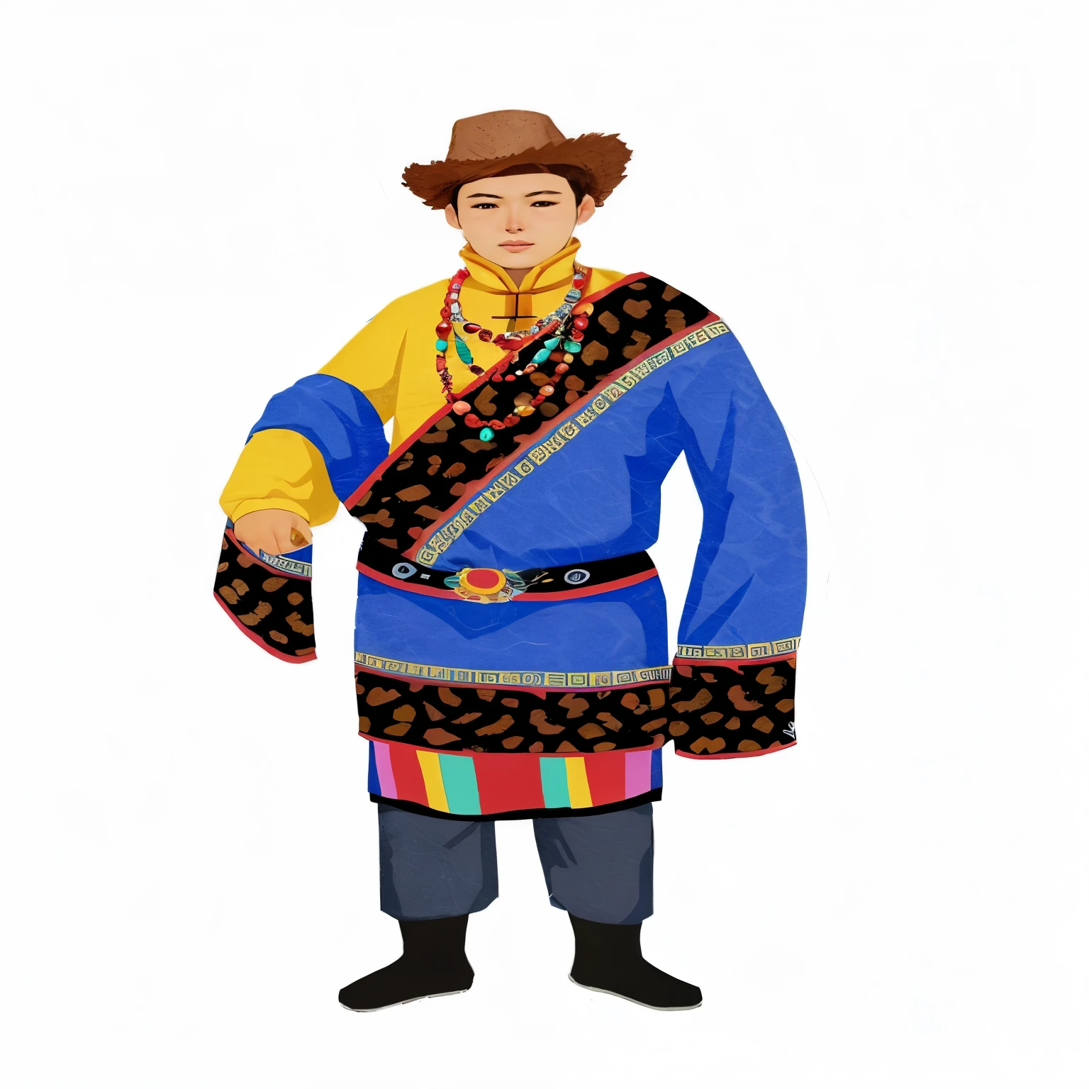 A person in colorful clothes、wearing a hat、Arafi man standing with hands on hips, traditional clothing, traditional clothing, Sci-Fi Tibetan Fashion, traditional clothing, Traditional clothing, traditional this costume, Fashion Design, wearing gorgeous clothes, Official illustration, Wear long, flowing clothes, Wear authentic clothing, Inspired by Leon Baxter, this costume, Fashion Designn