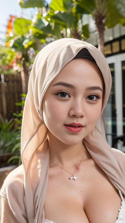 1 malay girl , modern plain white hijab, shy, mid shot , watery eyes ,droopy eyes, watery, lip glossy, horny face, firm rounded breast, open breasts, cleavage cutout, luxurious necklace, crown, lipstick, makeup, grooming, eyelashes, flower garden background, proportional body, cowboy shots