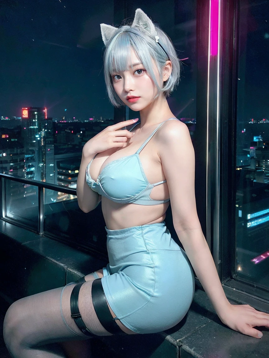 最high quality, masterpiece, 32k、Super detailed、realistic、1 girl, japanese woman、cute face, (photo actual:1.3), edge lighting, (high detail skin:1.2), 8K超High resolution, Single-lens reflex camera, high quality, High resolution, 4k, 8K, Optimal ratio of 4 fingers to 1 thumb, (actual:1.3), Green and blue neon cat ears headband、in、(((足元まin全身を撮影))), (((細部まinこだわったネイビーブルーの泥棒衣装とスカート)))、 ((pantyhose)), (((Beautiful light blue skin)))、 (((Short hair with light blue and silvery white bangs and sides.)))、(perfect body), (perfect face), (perfect hands), (perfect fingers), (perfect feet), ((((Long red eyes))))、 (((Decisive pose))) 、cute 1 girl, Red pink bob hair、realistic、Super realistic、32k、Super detailed、masterpiece, 最high quality, beautiful girl, beauty、small breasts, Mecha, beautiful lighting, (neon light:1.2), (night:1.5), Cyberpunk Costume、sitting,Cyber Neon、future city、Skyscraper、都会のnight、Shanghai、big city、night景、綺麗なnight景