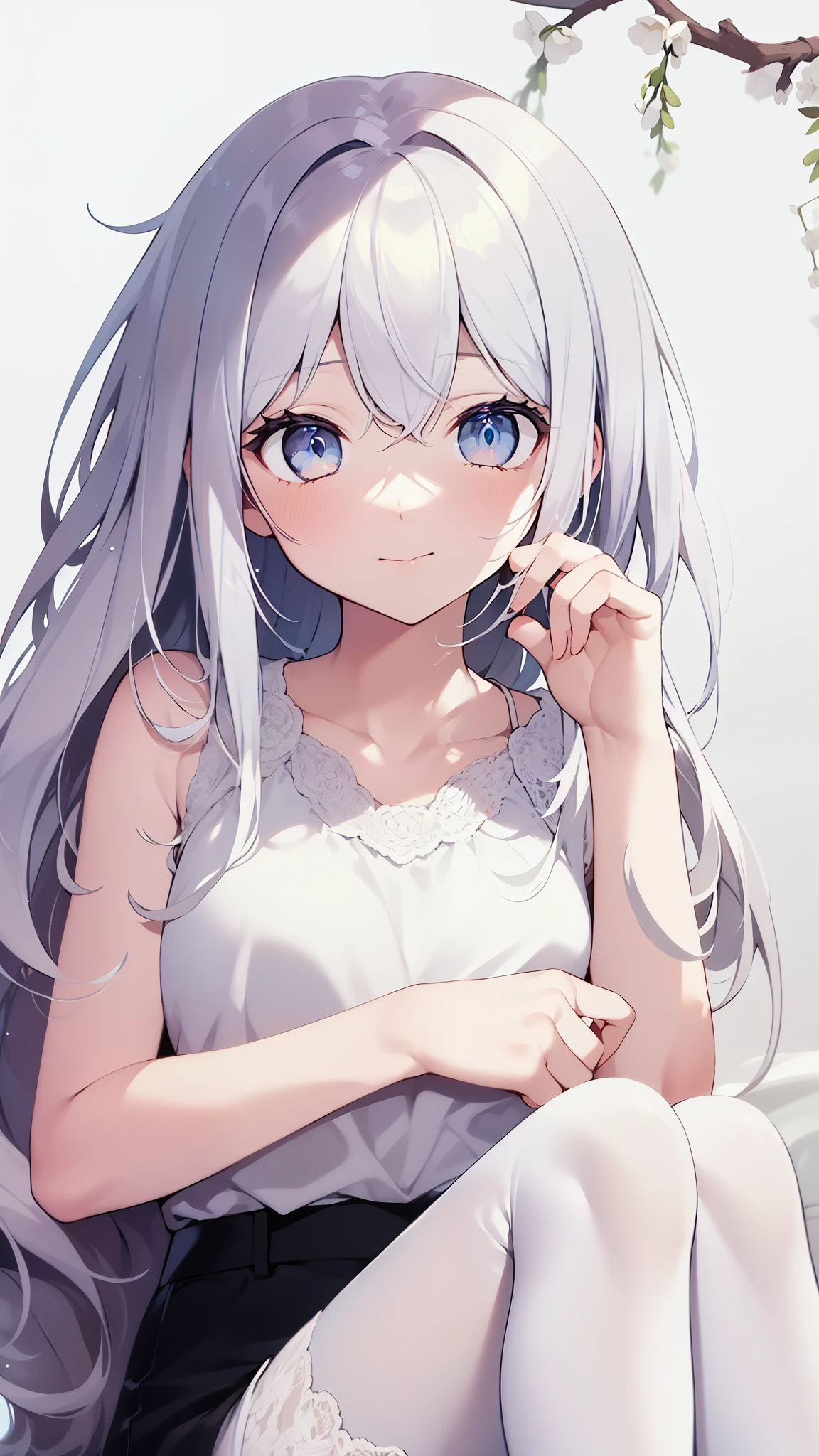 long white camisole, long dress, small , white long hair, white background, surprised, hand between legs,