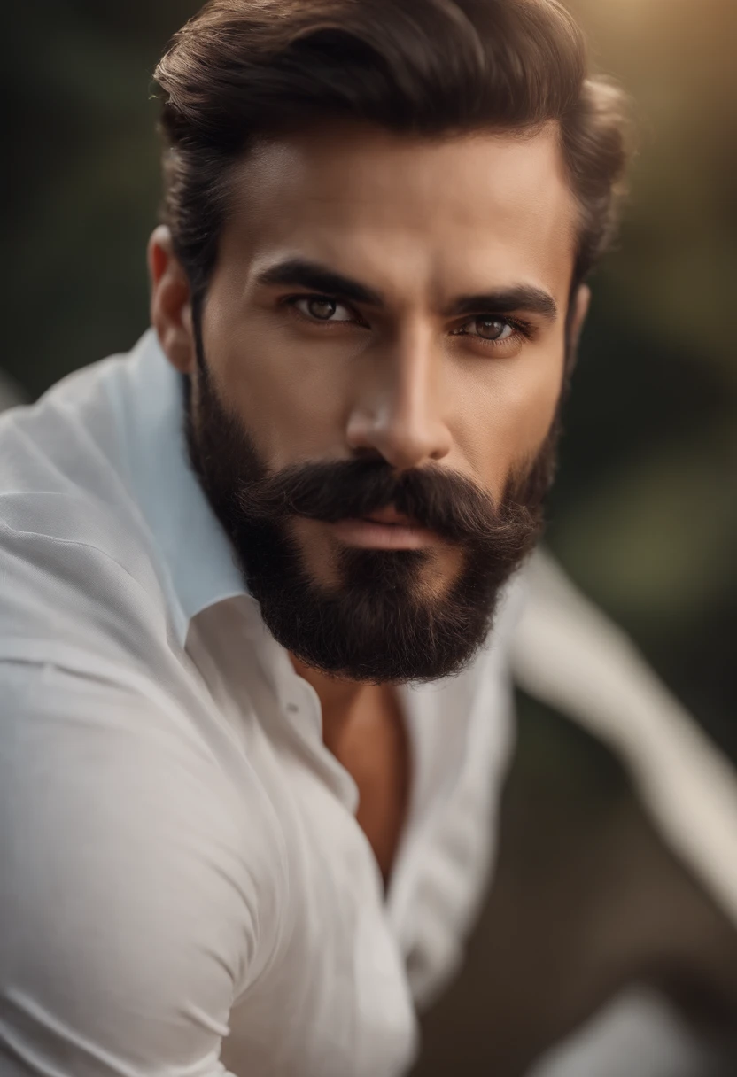 Muscular Brazilian man with beard and mustache in white shirt, Mejor calidad,4k,8K,hombre muy atractivo con barba, vello facial bien cuidado, solution, asombroso, realista, imagen ultrarrealista, Bigote Natural, viejo hombre,foto retrato suave 8 k, retrato muy detallado, bigote grueso, estilo hiper-realista, barba fina y brillante, vello facial corto, Barba incipiente, solution, cara detallada, Retrato ultra realista, cabello gris,traje elegante, boca abierta,