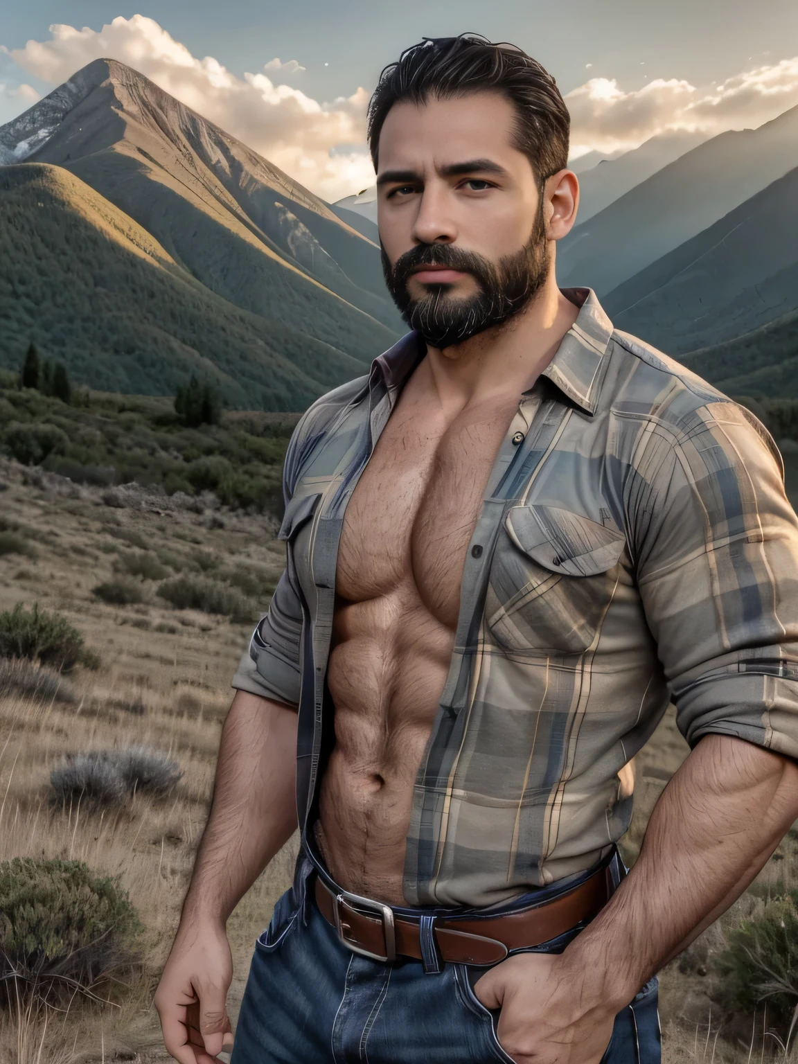 obra maestra, Mejor calidad, high resolution, Retrato de primer plano, (1 chico:1.4) A man in a lumberjack suit, muscular, (con camisa: 1.2) enfoque masculino, enfocarse solo, piel bronceada, 38-year old man,  muscular, fuerte, peludo, Masculino, (descamisado: 1.2), In the background a mountain, in a city with a lot of traffic and pollution, amazing composition, Vista frontal, HDR, volumetric lighting, (plano general, desde el frente:1.2) (GS-Macho :1.5) (magnificent landscape:1.2)