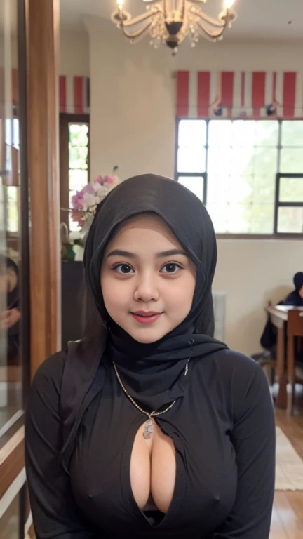 1 malay girl , modern plain white hijab, shy, mid shot , watery eyes ,droopy eyes, watery, lip glossy, part lips, firm rounded breast, open breasts, cleavage cutout, luxurious necklace, crown, lipstick, makeup, grooming, eyelashes, flower garden background, proportional body, cowboy shots
