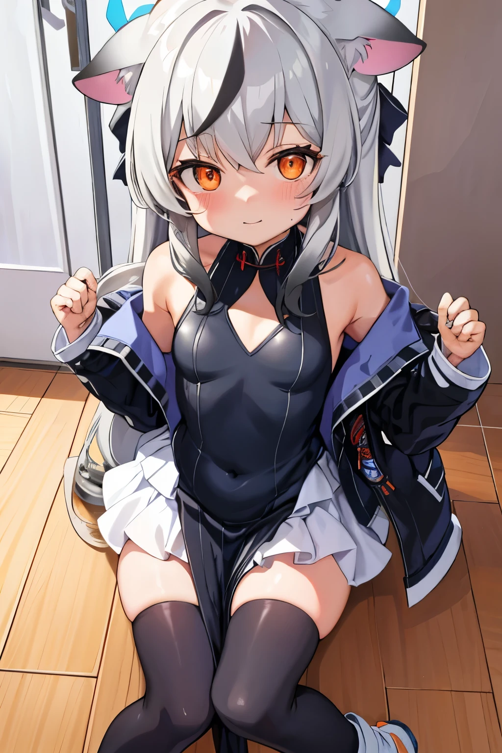 tmasterpiece, best qualtiy, ultra - detailed, 1girll,Gray hair Kokona, inside in room, Orange eye, :3,the face, closeup cleavage, Winter suit, winter wonder