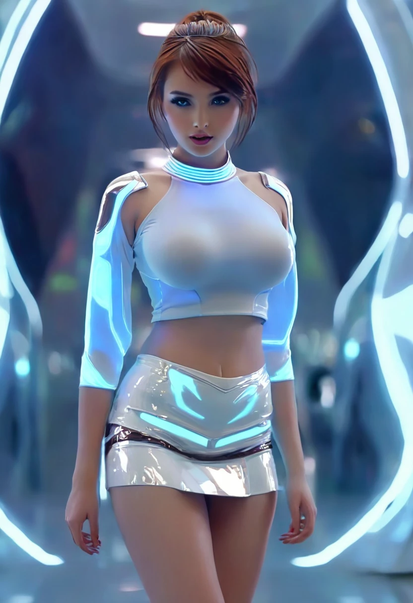 girl with brown hair, has huge tits, has no bra, has a very short miniskirt, is in a futuristic world, looks very realistic