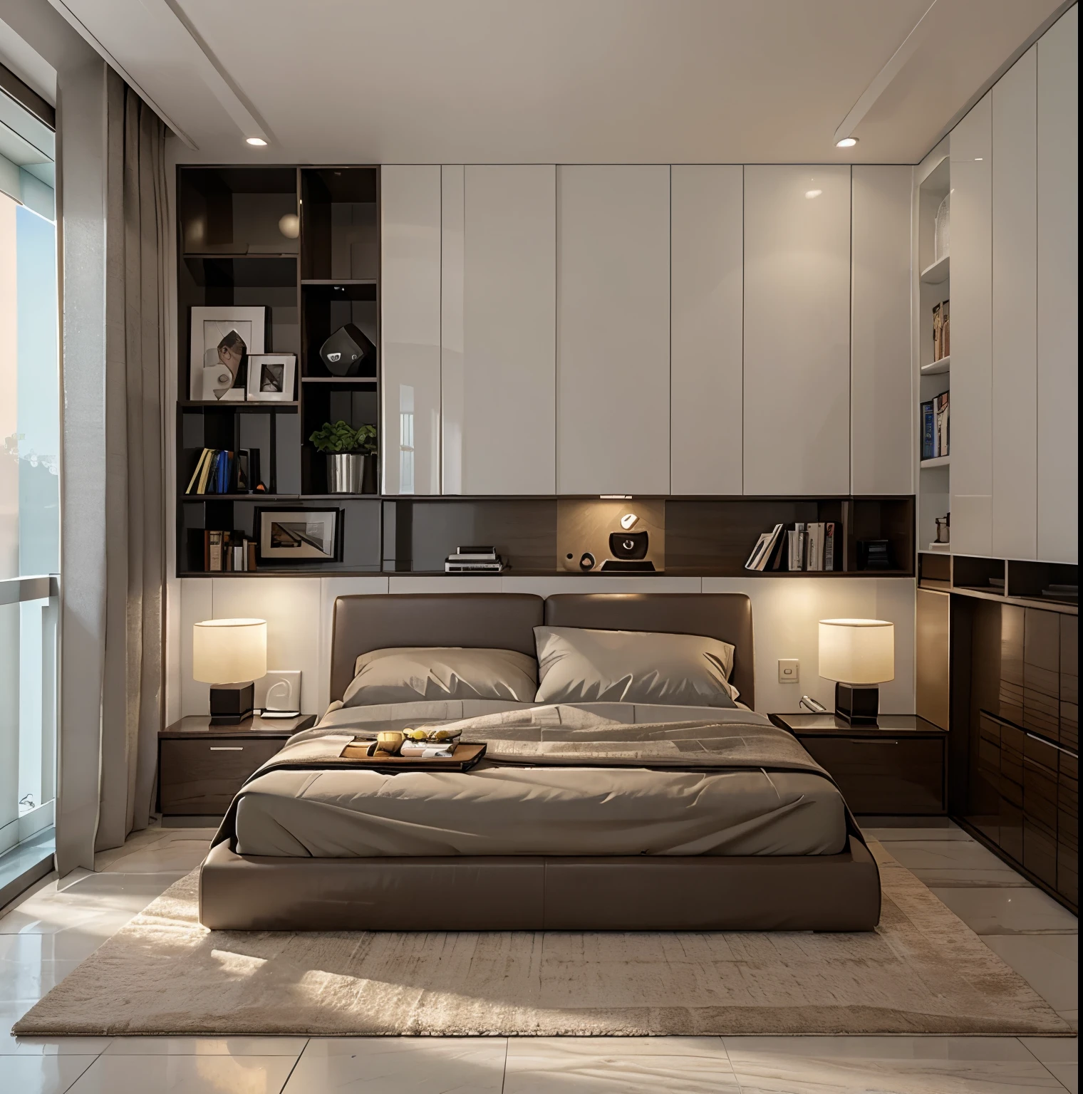 (best quality,8K,masterpiece:1.3),bedroom design,sofa,plaster ceiling,glossy marble floor,warm tone,HD,bedroom furniture