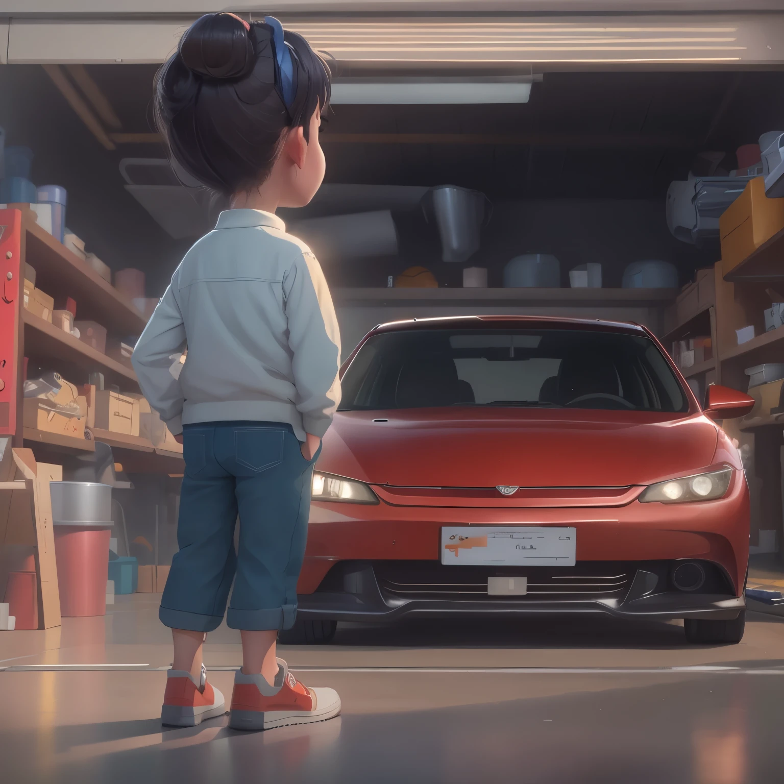 Arabed picture of a cute girl standing in front of a car, 背对着garage, Ghibli. octane rendering, in front of a garage, Pixar. octane rendering, Pixar octane rendering, semi-realistic rendering, promotional rendering, render in Pixar, 8K!, CG rendering, with movie lighting, Pixar renderman render, garage, digital drawing