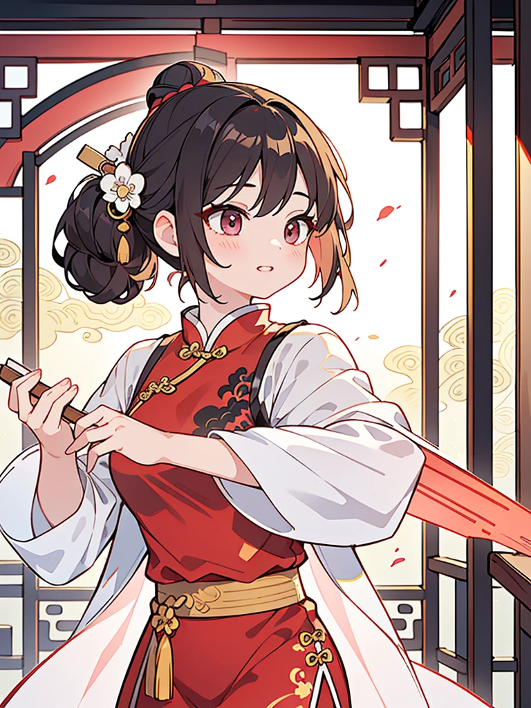 (best quality,4k,8k,highres,masterpiece:1.2),((twin chignon)),1girl,red cheongsam,traditional Chinese martial arts pose,cute girl,exquisite and detailed facial features,long eyelashes,beautiful detailed eyes,beautiful detailed lips,girl with a graceful smile,Chinese garden background,soft lighting,traditional Chinese architecture,subtle colors,beautifully painted illustrations,artistic interpretation, eye-catching accessories,hair ornaments that complement the hairstyle,delicate and elegant movements,flowing fabric of the cheongsam,Chinese fan,graceful posture,aesthetic appeal,harmonious composition, high contrast, clean lines, digital painting, vivid colors