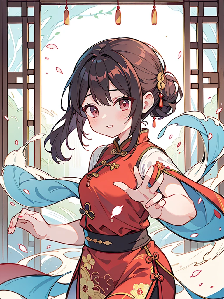 (best quality,4k,8k,highres,masterpiece:1.2),((twin chignon)),1girl,red cheongsam,traditional Chinese martial arts pose,cute girl,exquisite and detailed facial features,long eyelashes,beautiful detailed eyes,beautiful detailed lips,girl with a graceful smile,Chinese garden background,soft lighting,traditional Chinese architecture,subtle colors,beautifully painted illustrations,artistic interpretation, eye-catching accessories,hair ornaments that complement the hairstyle,delicate and elegant movements,flowing fabric of the cheongsam,Chinese fan,graceful posture,aesthetic appeal,harmonious composition, high contrast, clean lines, digital painting, vivid colors