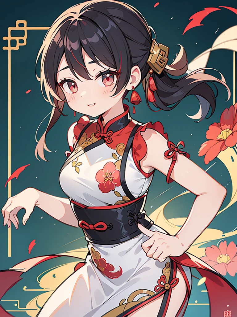 Highest quality、whole body、Black Hair、Iris、short hair、girl、cute、、、Small hair ornament、Red Chinese dress、Long skirt、Fluttering in the wind、A very happy look、I can see a little bit of underwear.