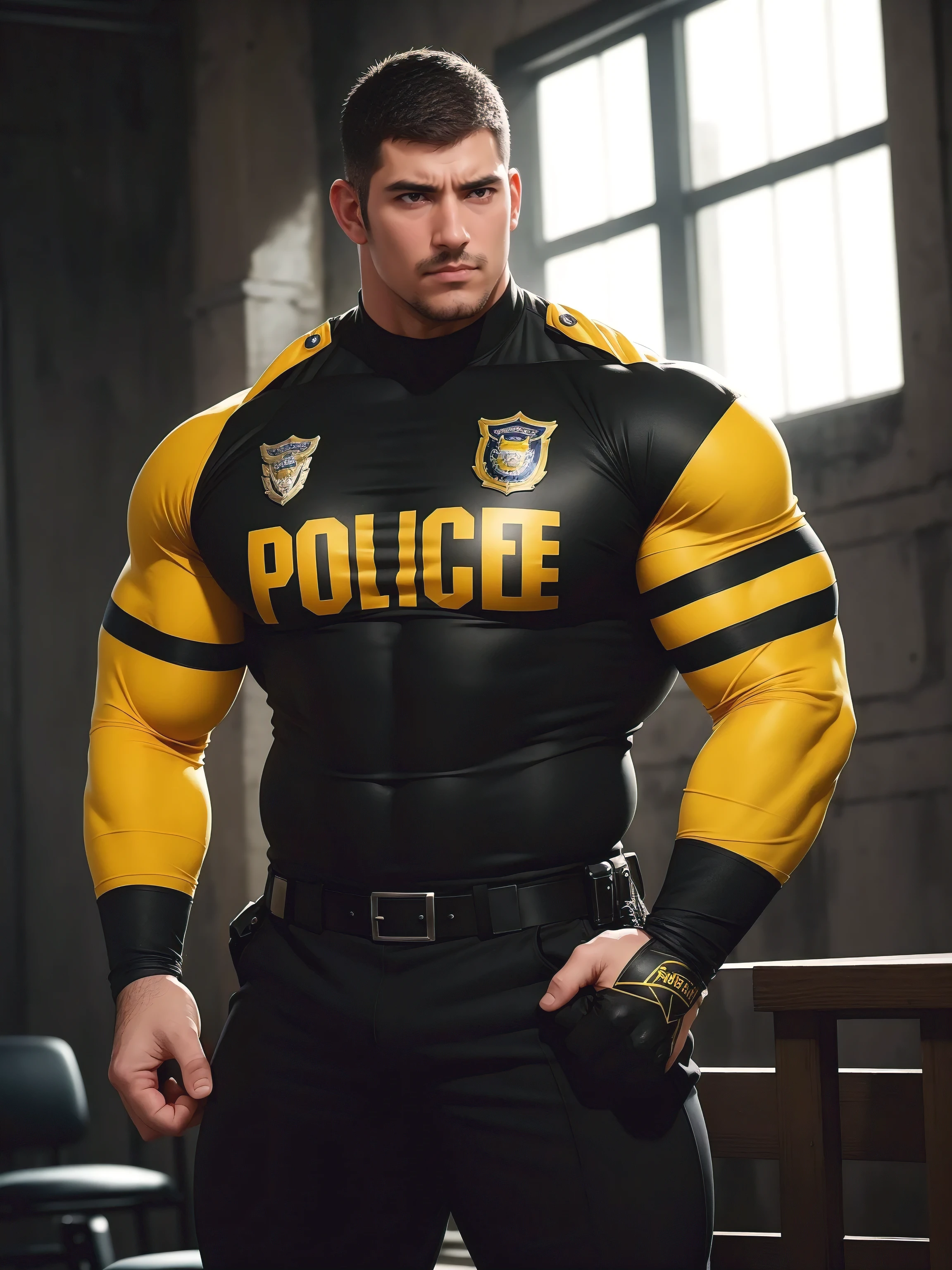 One Tall giant muscular police officer, Yellow and black police uniform, The expression is arrogant, Lift your chin, disheveled hair, thick thighs, Yellow and black police officer T-shirt, Very tight, Accentuate muscles, Police uniform pants, character concept（Resident Evil - chris redfield, chris redfield）proud expression, Deep and charming eyes, heroic male pose, tall burly, muscular！muscular thighs, tough guy, perfect facial features, High, burly, Heqiang, Super gain and cool, high resolution committee, Charming strong man, The bright sunshine shines on my face through the window