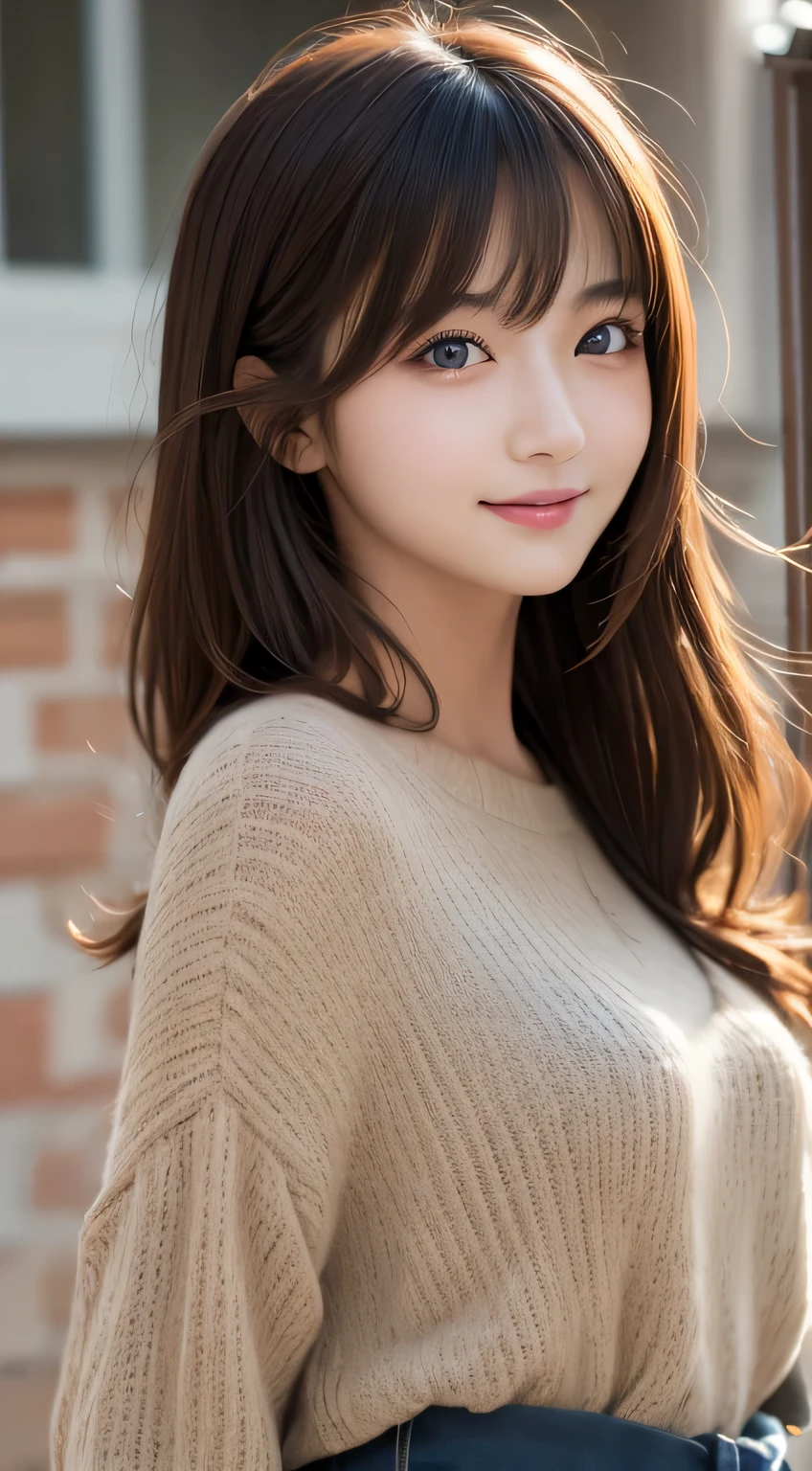table top, highest quality, figure, Super detailed, finely, High resolution, 8k wallpaper, Perfect dynamic composition figure, detailed and beautiful eyes, winter casual wear,medium hair,small breasts、natural color lip, bold sexy pose,smile,Harajuku、20 year old girl、cute、sexy shot looking at camera
