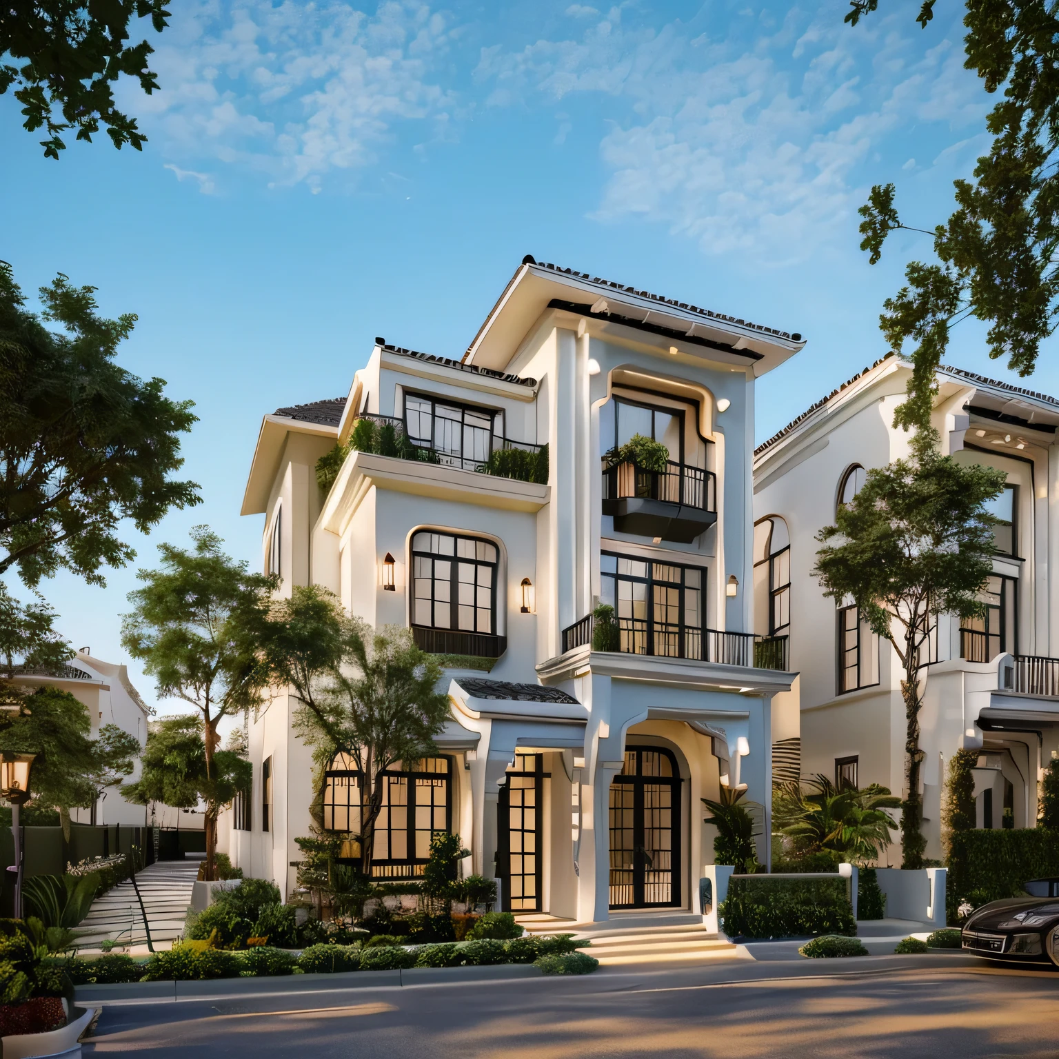 (Townhouse in city ,close houses and trees), (indochine style architecture) daylight ( best quality) ((high solution)) ,(( photo realistic)) ,warm light,  soft lighting, warm atmosphere,high Resolution, hyper detailed,4k ,vray render, octane render, hyper realistic, photography expert ,exterior design , professional photography, exterior photography,wide-angle shot , ultra detail , high Resolution , full frame, full body