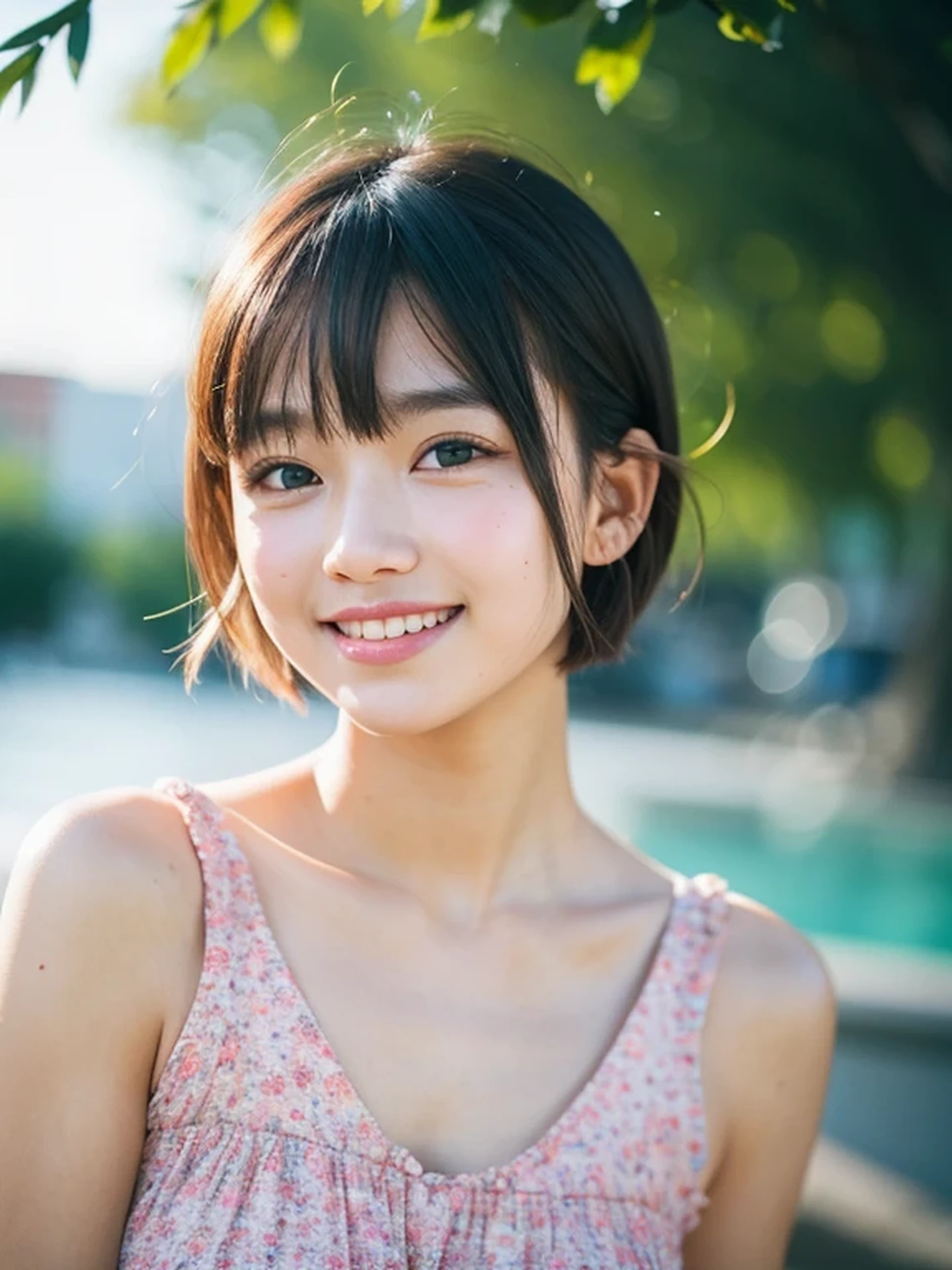 masterpiece, Best Quality, Raw photo, 8K, ultra-detailed face, 1girl, Beautiful detailed skin, backlight, soft light, bashful, (shoot from front:1.2), smile, Luminescent, Anatomically correct, short hair, bangs, Eyes and faces with detailed, Textured skin, Professional Photography, Bokeh, Portrait, Professional Lighting, Solo, Cute, Girly, Film grain, camisole, aquarium