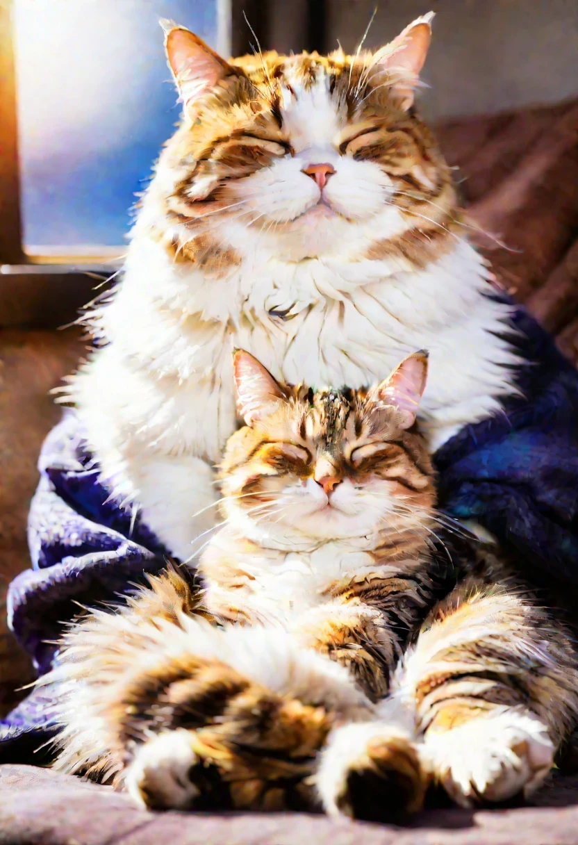 portrait photography、Fantasy video game character concept art、A fat, pot-bellied tabby cat with shaggy fur、slob、Tabby cat sleeping with eyes closed on human&#39;s lap、A bright aura of light smiling in the background、Solar details