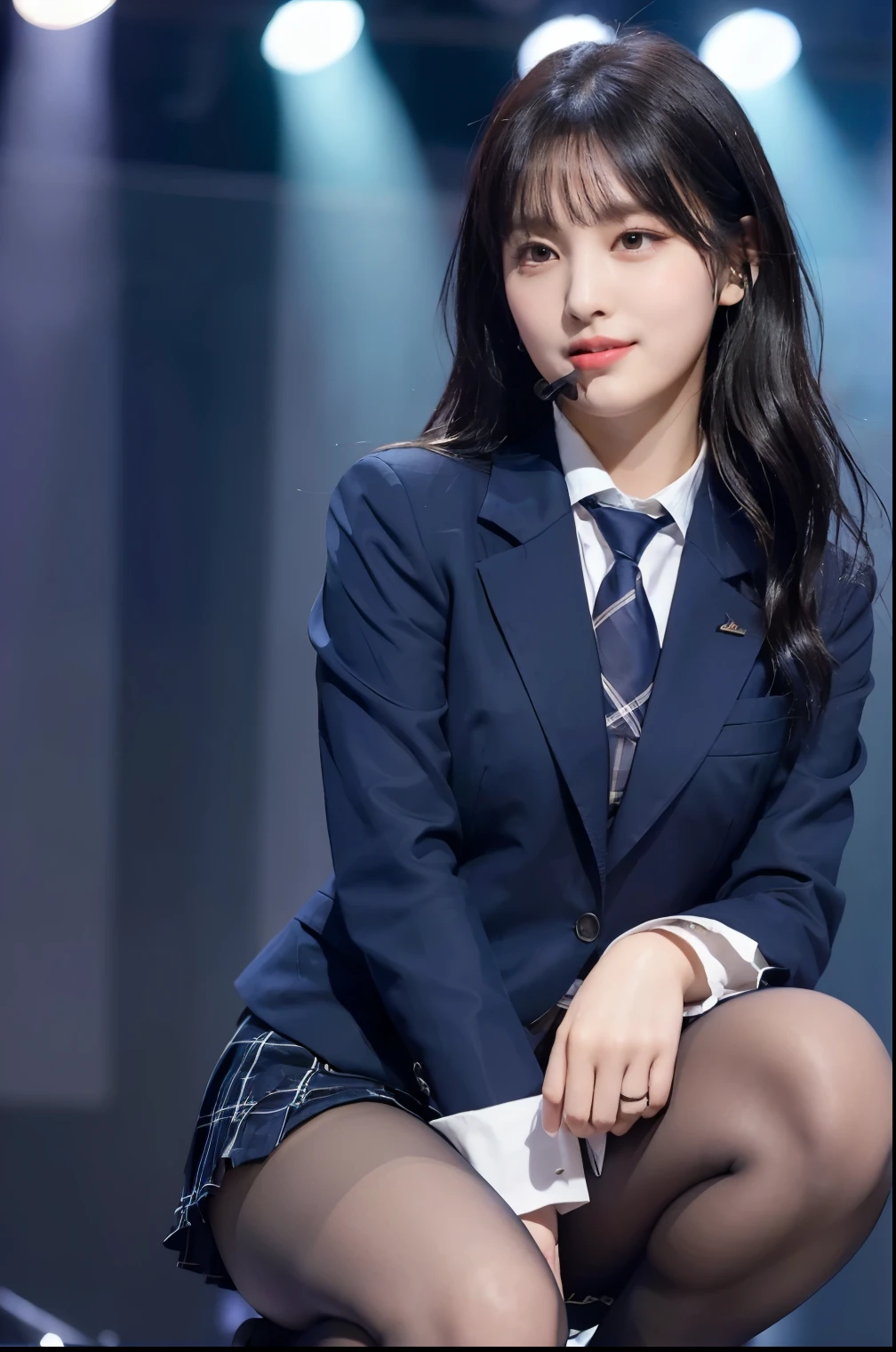 (8K), (highest quality: 1.2), (realistic), (realistic: 1.47), ultra high resolution, 1 girl, cute, smile, closed mouth, (thick lips:1.2),red lip,(Purse your mouth),beautiful details, beautiful nose,(Straight shiny black hair),Crouching on a concert stage,hold the microphone in your right hand,Bend your elbows and raise your hands,(University Student Uniform,A simple navy blue blazer,white satin shirt,tie,Tartan check pleated skirt,opaque tights:1.2),(Close up on wet thighs:1.2),(knees),(super low angle:1.2),(medium shot),