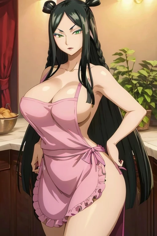 minevra,Fairy Tail,((long black hair)),(((Beautiful, Lovely,Dark green eyes,Beautiful pupils)),((Big breasts)),((apron on the naked body)),((Beautiful face)),((Beautiful губы)),I look at the viewer,kitchen,masterpiece, A masterpiece of the highest quality,(super HD),best quality detailed, A high resolution, HDR, extremely detailed illustration, detailed face and eyes,detailed body,detailed eyes