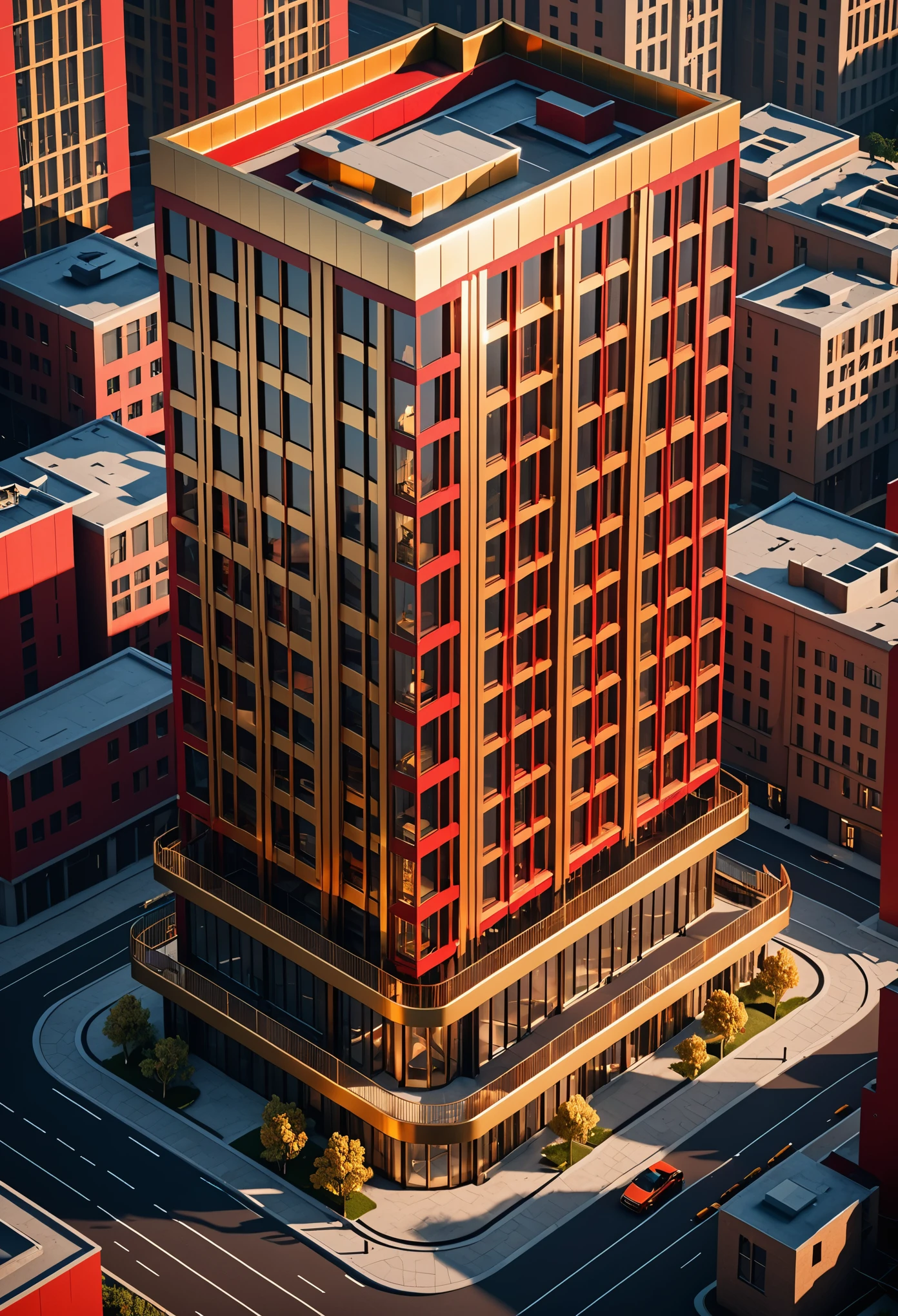isometric,Best quality,UHD,HDR,high resolution,16K,unreal engine 5,ultra-detailed,octane rendering,detailed intricate,Award-winning,cinematic style,Luxurious Gold tones,red tones,Constructivist architecture,Brutalism