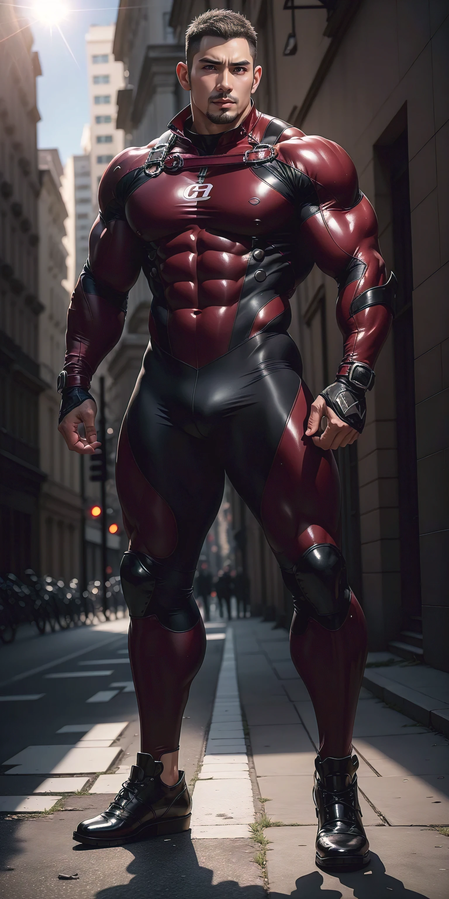 A High, muscular man 2 meters High opened his mouth and shouted.,giant,role conception(Resident Evil - Chris Redfield,chris redfield)Wearing a shiny burgundy wetsuit,High leather texture,regular symmetrical texture pattern,Standing alone in the ruins of the city in the open air, The bright sunshine shines on you,Sad expression,A hero with deep and charming pupils,heroic male pose,tall burly,muscular!Sexy and attractive leg muscles,High, burly, Heqiang, Wearing a shiny burgundy wetsuit, Super gain and cool, high resolution committee, Big feet wearing dark black boots,Charming strong man,The bright sunshine shines on you,Reflective and shiny