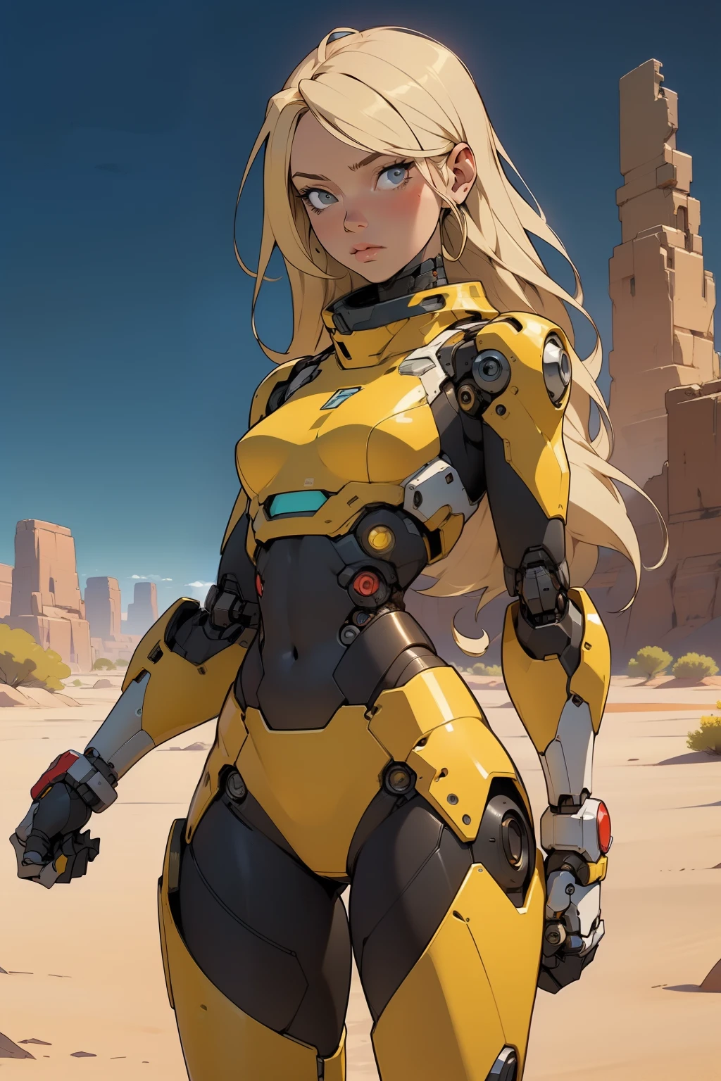high quality, 4k, masterpiece, beautiful, cyborg girl, cowboy shot, dull eyes, front, looking at viewer, long blonde hair, girl, small breasts, fit thighs, robotic arms, robotic body, cyborg body, yellow uniform, red accent, intricate detail, joint, detailed lines, robotic detail, holding fist up, holding hand up as fist, color robotic parts, robotic parts with color, perfect fingers, on a desert planet, sunny background, colorful desert, a river or a lake in the background