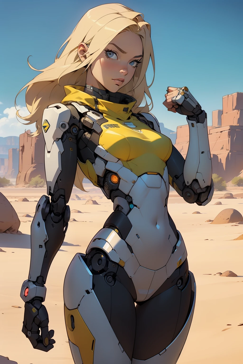 high quality, 4k, masterpiece, beautiful, cyborg girl, cowboy shot, dull eyes, front, looking at viewer, long blonde hair, girl, small breasts, fit thighs, robotic arms, robotic body, cyborg body, yellow uniform, red accent, intricate detail, joint, detailed lines, robotic detail, holding fist up, holding hand up as fist, color robotic parts, robotic parts with color, perfect fingers, on a desert planet, sunny background, colorful desert, a river or a lake in the background