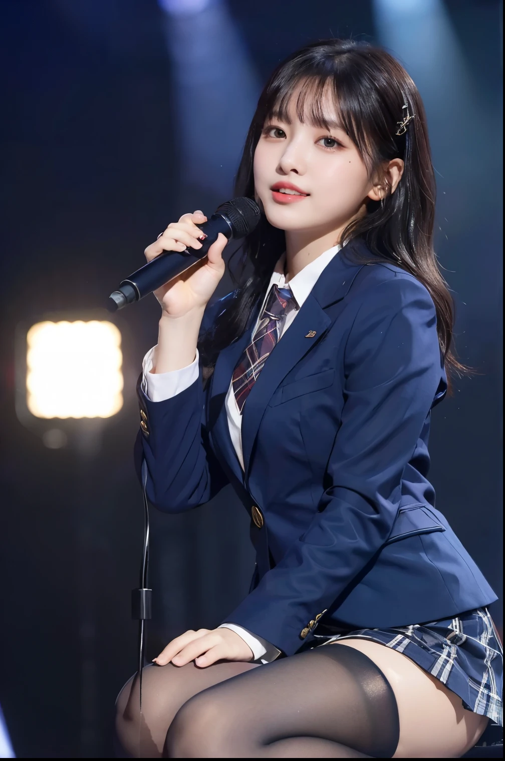 (8K), (highest quality: 1.2), (realistic), (realistic: 1.47), ultra high resolution, 1 girl, cute, smile, closed mouth, (thick lips:1.2),red lip,(Purse your mouth),beautiful details, beautiful nose,(Straight shiny black hair),Crouching on a concert stage,hold the microphone in your right hand,Bend your elbows and raise your hands,(University Student Uniform,A simple navy blue blazer,white satin shirt,tie,Tartan check pleated skirt,opaque tights:1.2),(Close up on wet thighs:1.2),(knees),(super low angle:1.2),(medium shot),