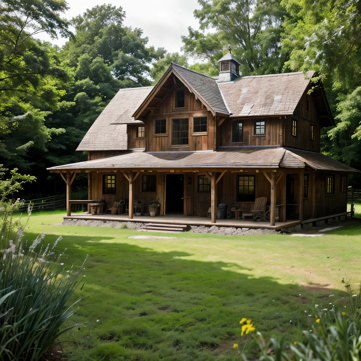 Create an image of a wooden house in a rustic farm setting. This masterpiece showcases a highly detailed, photorealistic representation of a wooden house. The barn-like structure is adorned with intricate carvings and board textures, evoking a sense of charm and nostalgia. Set against a bright, sunlit scene in the countryside, the house boasts a warm, inviting appeal. The wooden planks are rendered with realistic texture and a natural weathered look, complete with the subtle roughness of the timber and intricate grain patterns. The farm surroundings are filled with lush greenery, with trees surrounding the area and fields stretching towards the horizon. The image is captured in the