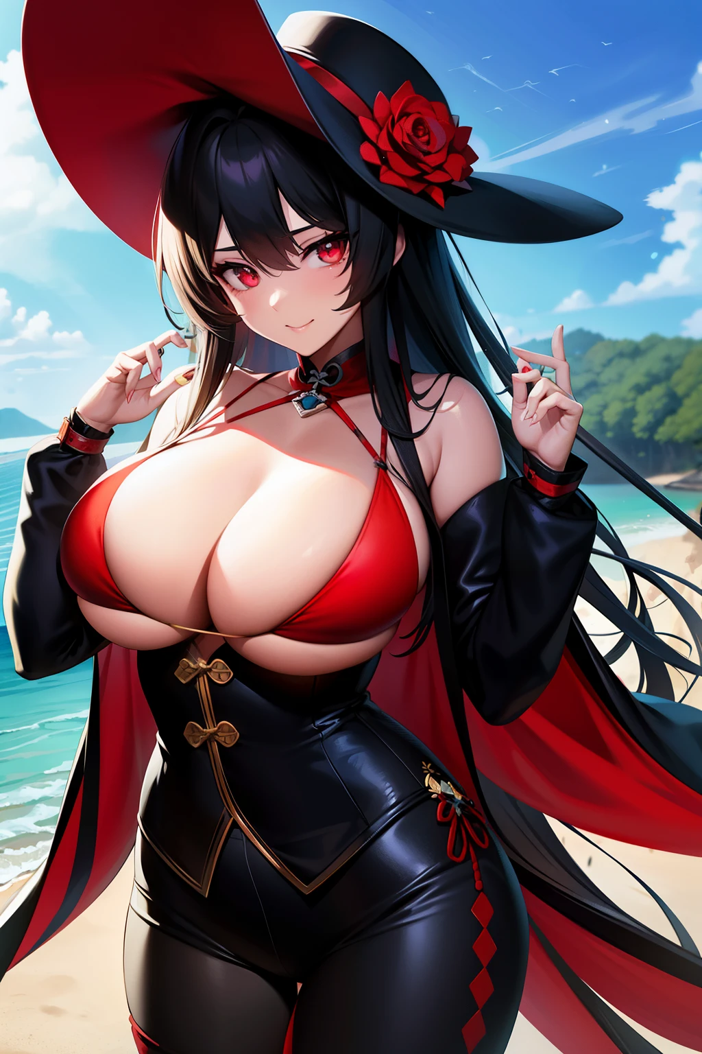 2d, tmasterpiece, best qualtiy, anime big breast, highly detailed eye, Highly detailed face, highly detailed back ground, perfect litthing, cowboy lens, 1girll, solo, standing on your feet, beachside,Bikini style,huge boob,hu tao\(genshin impact\), pupils in symbol shapes, flower shaped pupils, Hats, red flower, red eyes, SakuraNS,
