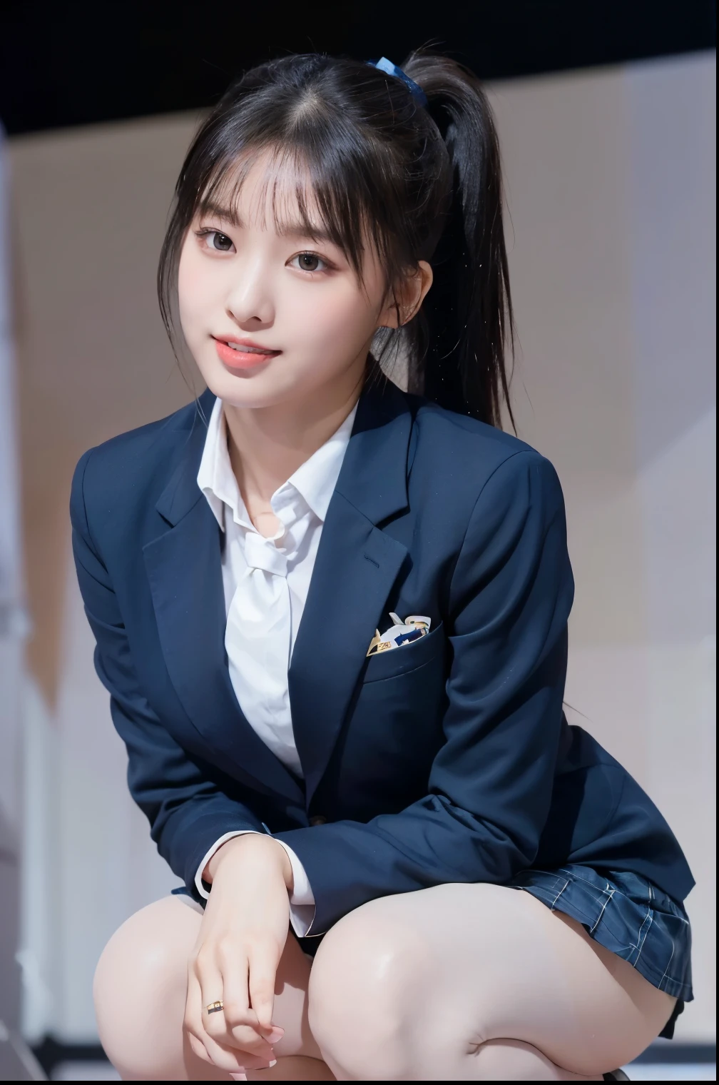 (8K), (highest quality: 1.2), (realistic), (realistic: 1.47), ultra high resolution, 1 girl, cute, smile, closed mouth, (thick lips:1.2),red lip,(Purse your mouth),beautiful details, beautiful nose,(Straight shiny black hair),(With a black ribbon on her head),(ponytail hair),Crouching on the concert stage,hold the microphone in your right hand,Bend your elbows and raise your hands,(University Student Uniform,A simple navy blue blazer,white satin shirt,tie,Tartan check pleated skirt,opaque tights:1.2),(Close up on wet thighs:1.2),(knees),(super low angle:1.3),(medium shot),