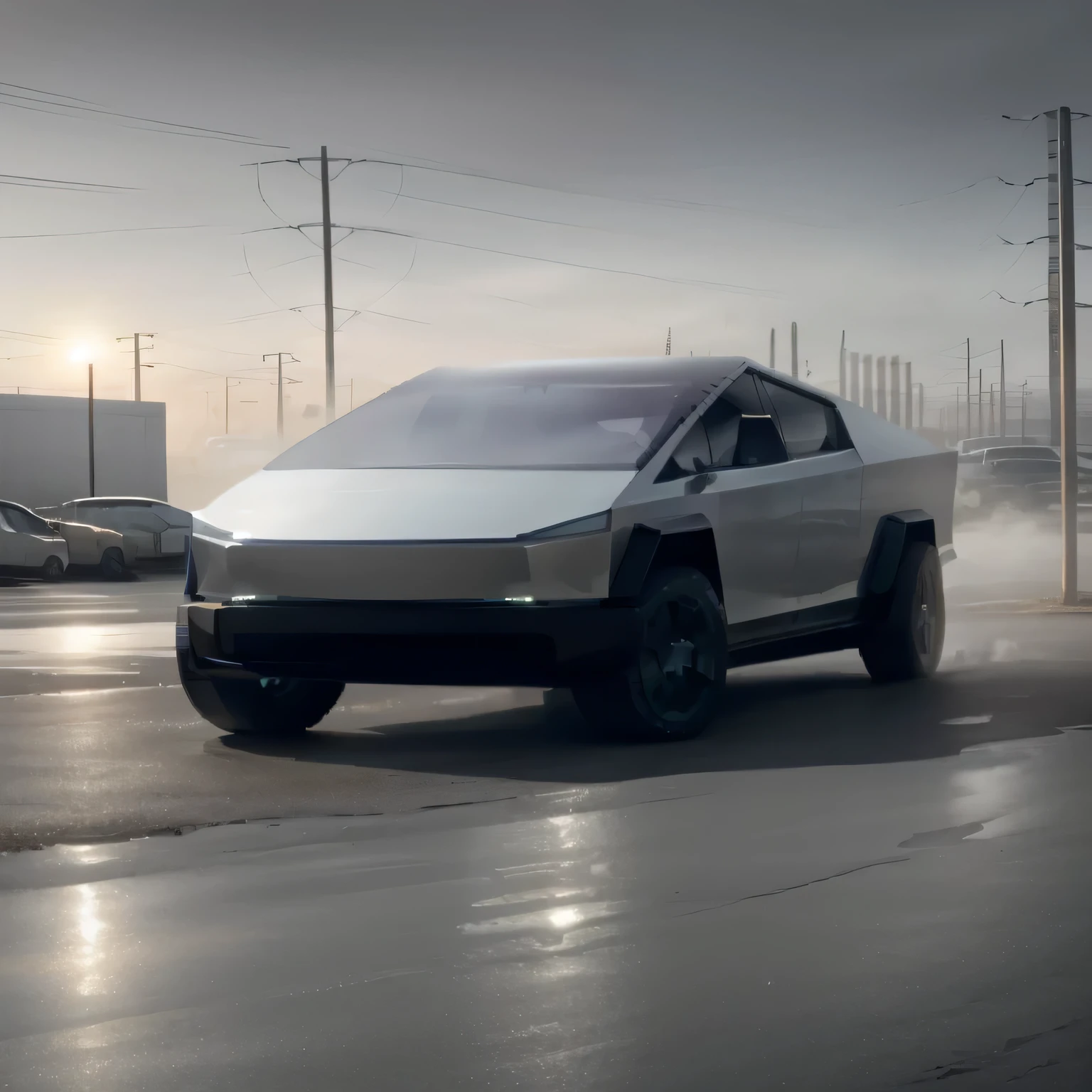 tesla cybertruck (orange body:1.0), parked next to a street light, misty morning, scene from the show supernatural, masterpiece, award winning, dramatic lighting, muted colors, sharp focus, smooth, intricate details, 8k wallpaper, trending on artstation