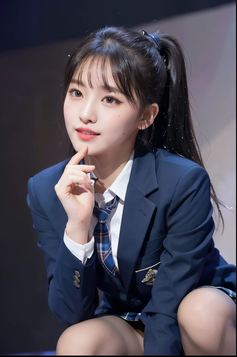 (8K), (highest quality: 1.2), (realistic), (realistic: 1.47), ultra high resolution, 1 girl, cute, smile, closed mouth, (thick lips:1.2),red lip,(Purse your mouth),beautiful details, beautiful nose,(Straight shiny black hair),(With a black ribbon on her head),(ponytail hair),Crouching on the concert stage,hold the microphone in your right hand,Bend your elbows and raise your hands,(University Student Uniform,A simple navy blue blazer,white satin shirt,tie,Tartan check pleated skirt,natural pantyhose:1.2),(Close up on wet thighs:1.2),(knees),(super low angle:1.3),(medium shot),