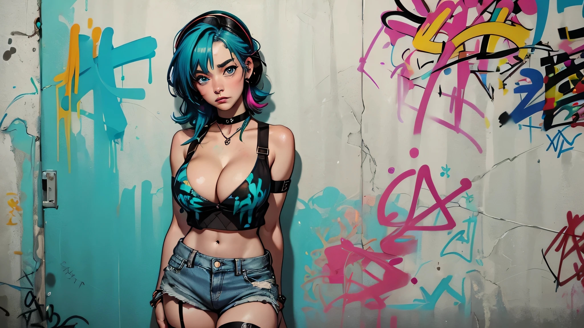 masterpiece, NSFW, nipples:1.2, best quality, 1girl, solo, crop top, ((cleavage:1.3)), denim shorts, choker, (graffiti:1.5), paint splatter, arms behind back, against wall, looking at viewer, armband, thigh strap, paint on body, head tilt, bored, multicolored hair, aqua eyes, headset, peepshow, nipslip