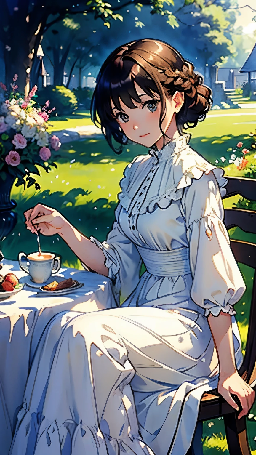(highest quality、masterpiece、High resolution)、(Sargent style watercolor)、(anime art)、soft light、Views of the Cotswolds、old farmhouse、flowers bloom、(5 women)、medium short hair、dark brown hair、braided hair、White blouse and long skirt、picnic、table、Tea set、drink tea、cinematic light、soft sunlight、blur the background、