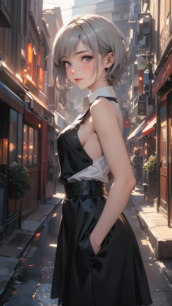 (Highly detailed CG unit 8k wallpaper, masterpiece, High resolution, highest quality, natural skin texture), Composition from head to stomach:1.5, (20 year old woman, Hands in pockets pose:1.3, smile, detailed eyes, gradient eyes), (Stalgic Fashion, detailed costume, sleeveless shirt, low rise, Asymmetrical short hair:1.2, ash gray hair), (Backstreets of Paris:1.3, Colourful flower beds along the road, cinematic lighting), high contrast, hyper realistic, digital painting, concept art,