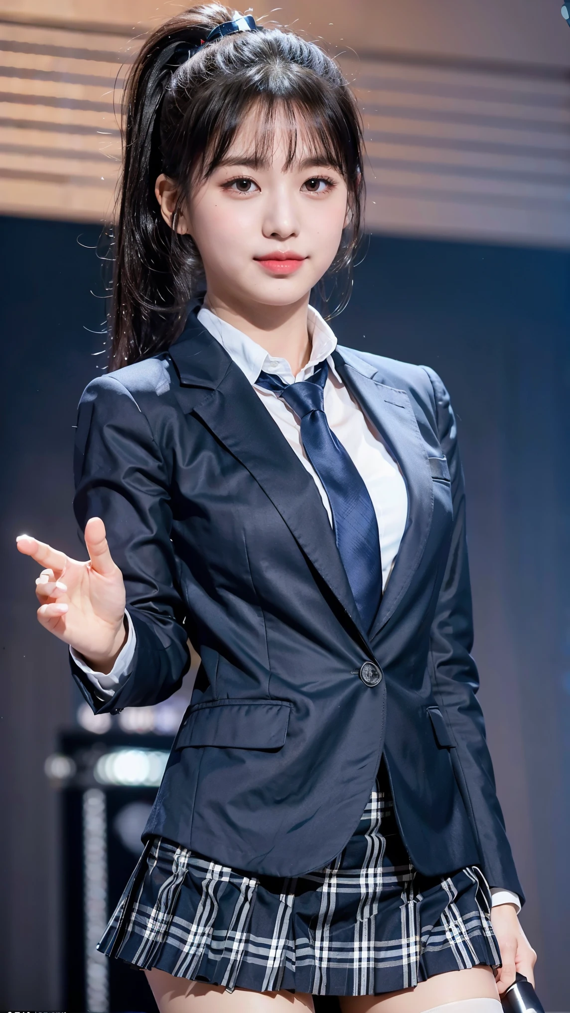 (8K), (highest quality: 1.2), (realistic), (realistic: 1.47), ultra high resolution, 1 girl, cute, smile, closed mouth, (thick lips:1.2),red lip,(Purse your mouth),beautiful details, beautiful nose,(Straight shiny black hair),(With a black ribbon on her head),(ponytail hair),Standing on the concert stage,hold the microphone in your right hand,Bend your elbows and raise your hands,(University Student Uniform,A simple navy blue blazer,white satin shirt,tie,Tartan check pleated skirt,opaque tights:1.2),(Close up on wet thighs:1.2),(knees),(super low angle:1.2),(medium shot),