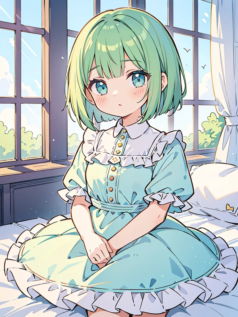 beautiful illustrations, highest quality, pretty girl, 1girl, Bedroom, pastel colour, Ruffle dress, (Spring Green bob cut), bright lighting, sky-blue eyes