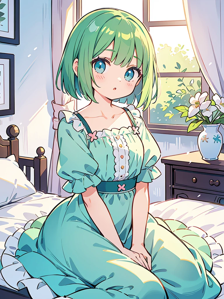 beautiful illustrations, highest quality, pretty girl, 1girl, Bedroom, pastel colour, Ruffle dress, (Spring Green bob cut), bright lighting, sky-blue eyes