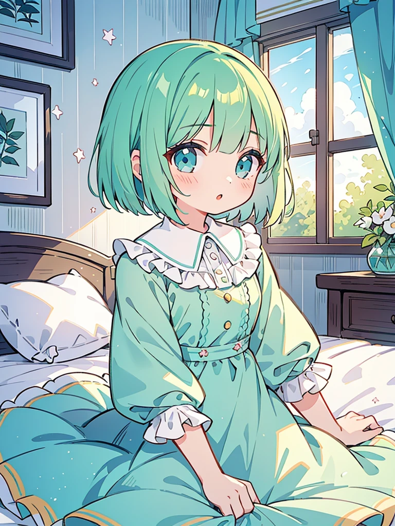 beautiful illustrations, highest quality, pretty girl, 1girl, Bedroom, pastel colour, Ruffle dress, (Spring Green bob cut), bright lighting, sky-blue eyes