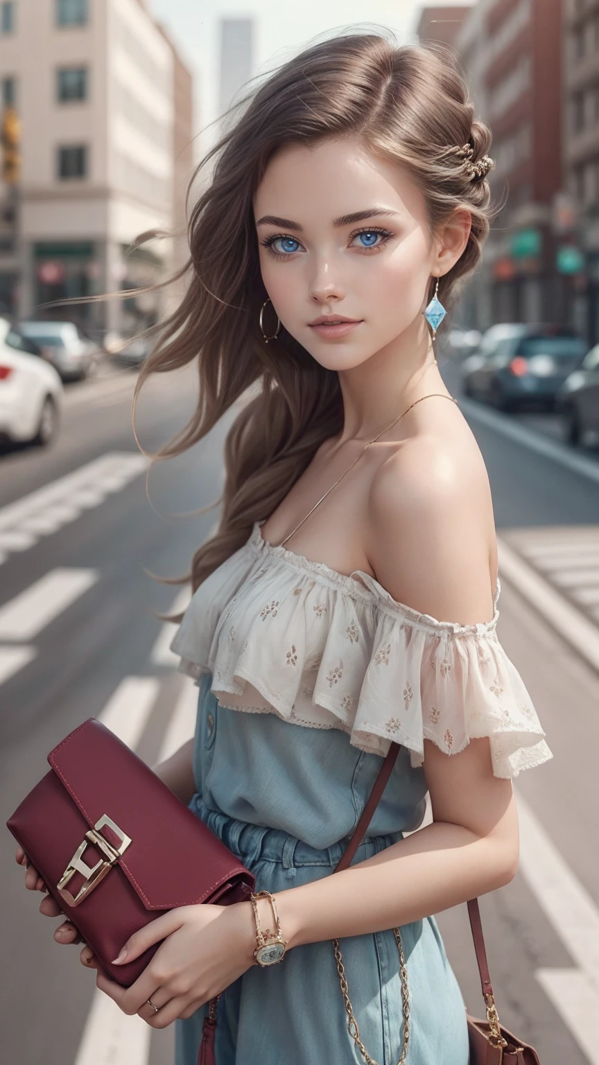 (最high quality, 8K, masterpiece: 1.3, Ultra HD, high quality, 最high quality, High resolution, realism)) 、25 year old white woman、brunette、blue eyes、long hair、smile、slender、slenderだがアスリートのような細マッチョ、I don't want my head to disappear from the screen.、Wear accessories on your wrist、Wearing red nail polish、I have a peticure、Wear a sheer, off-the-shoulder bodycon top、wear sandals、have a clutch bag、Skyscraper background、Waiting for a traffic light at an intersection、crystal earrings((crystal earrings))、inner color((colored inner hair))、long hair ((long hair))、pixie cut hair((pixie cut))