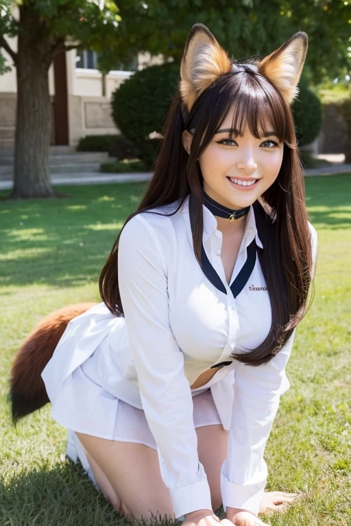 ((highest quality)), ((masterpiece)), (get used to it), perfect face, fox girl, Beautiful woman, public, A tail is growing, she has a fluffy tail, she has a fox tail, she wags her tail, smile, collar, She is wearing a CA uniform, beautiful hips, big breasts, big tail, crawl on all fours