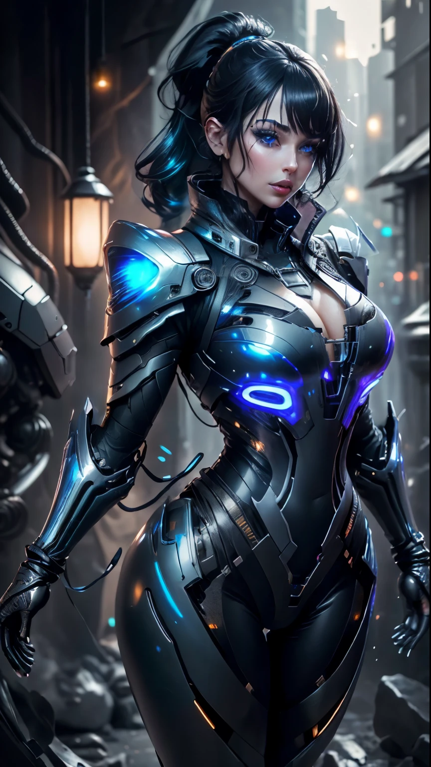 ((ultra realistic,32k,raw photo:1.1)),(highly detailed skin:1.1),8k hd,DSLR,high quality,lips,(thick\lips\),(shiny shiny translucent clothing:1.1),rven , BLACK HAIR, Blue eyes, Bangs, ponytail, jumpsuit, tight skin, gloves, latex,, huge chest, mech full body, (looking at viewer,),, (busty:1.1), (chubby:0.1), (Volumetric lighting: 1.1), dark theme, An alien environment with atmosphere and very sexual INFO