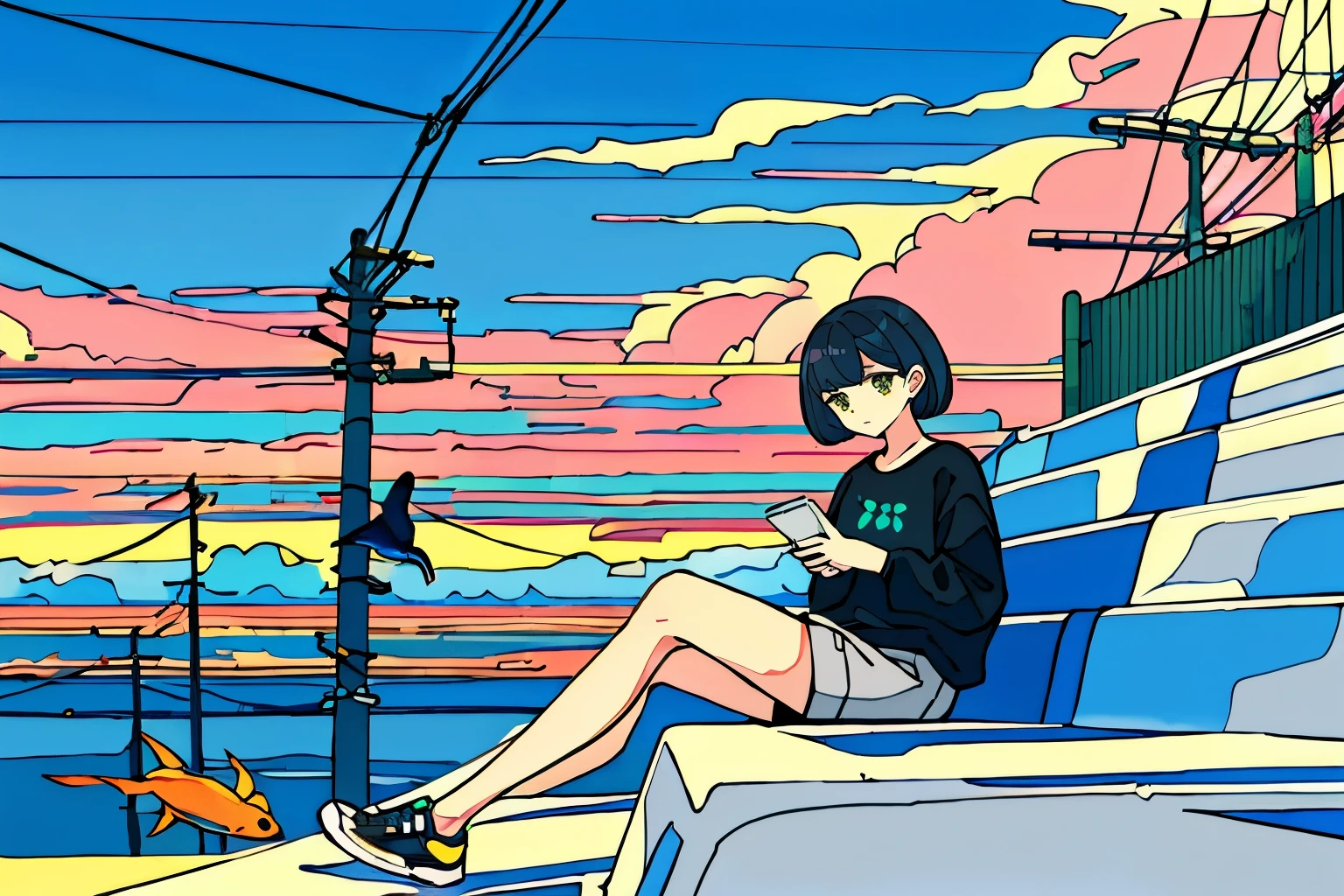 masterpiece, intricate details,highest quality, 1 girl, alone, handrail, cloud, sitting, outdoor, whale, short hair, shoes, null, long sleeve, sneakers, power line, 白いshoes, black hair, looking at the viewer, telephone pole, bangs, cloudy null, fish, bird, green eyes, shorts, animal, Day, black shirt, barefoot、Laptop on lap